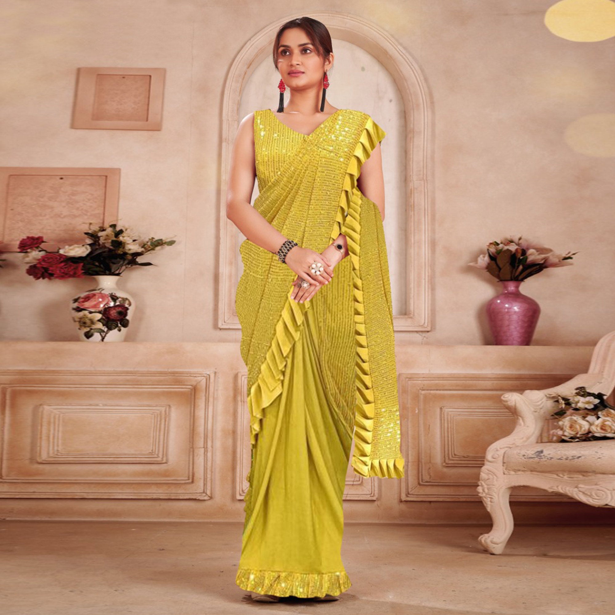 Yellow Sequins Embroidered Ready to Wear Lycra And Netted Saree