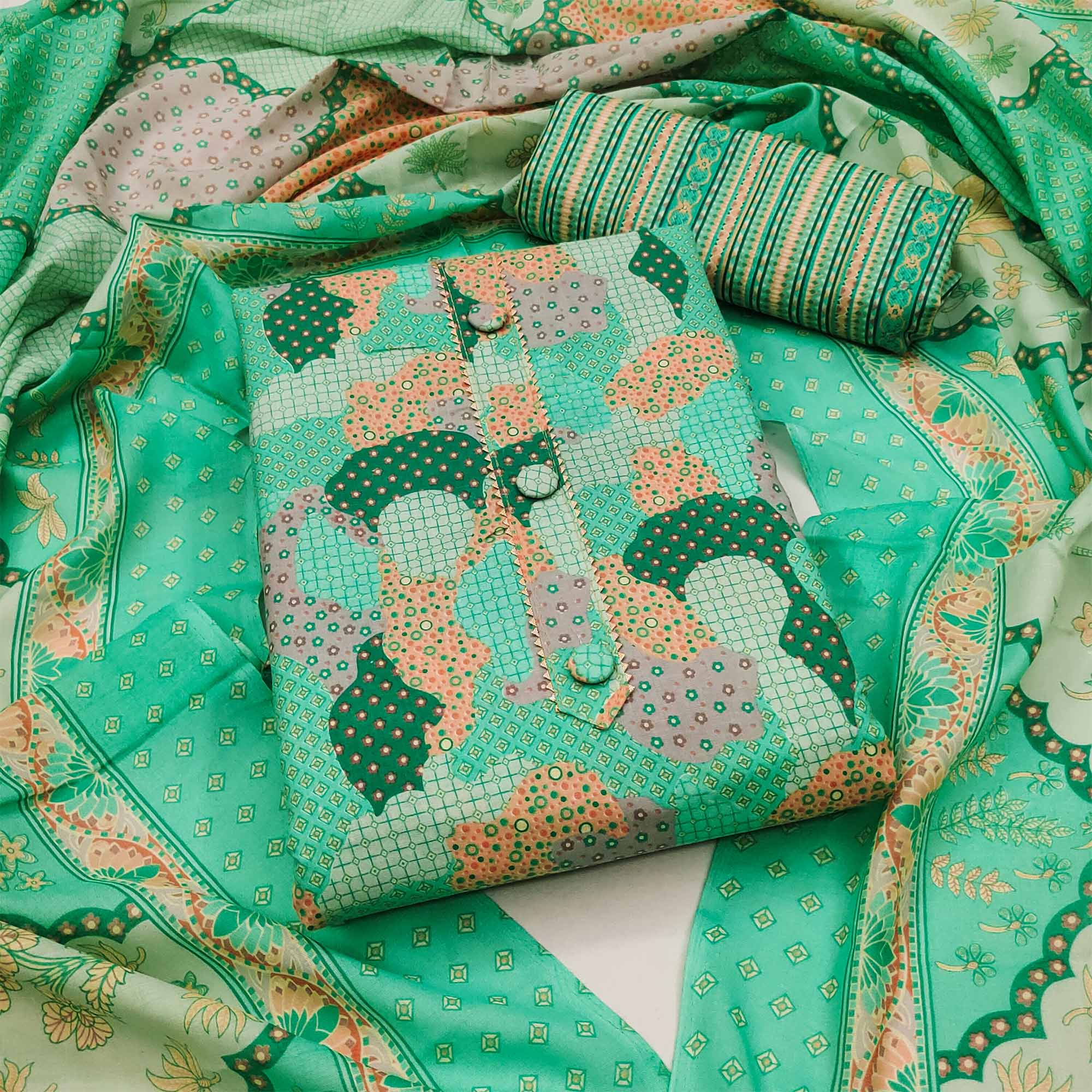 Green Printed Cotton Blend Dress Material