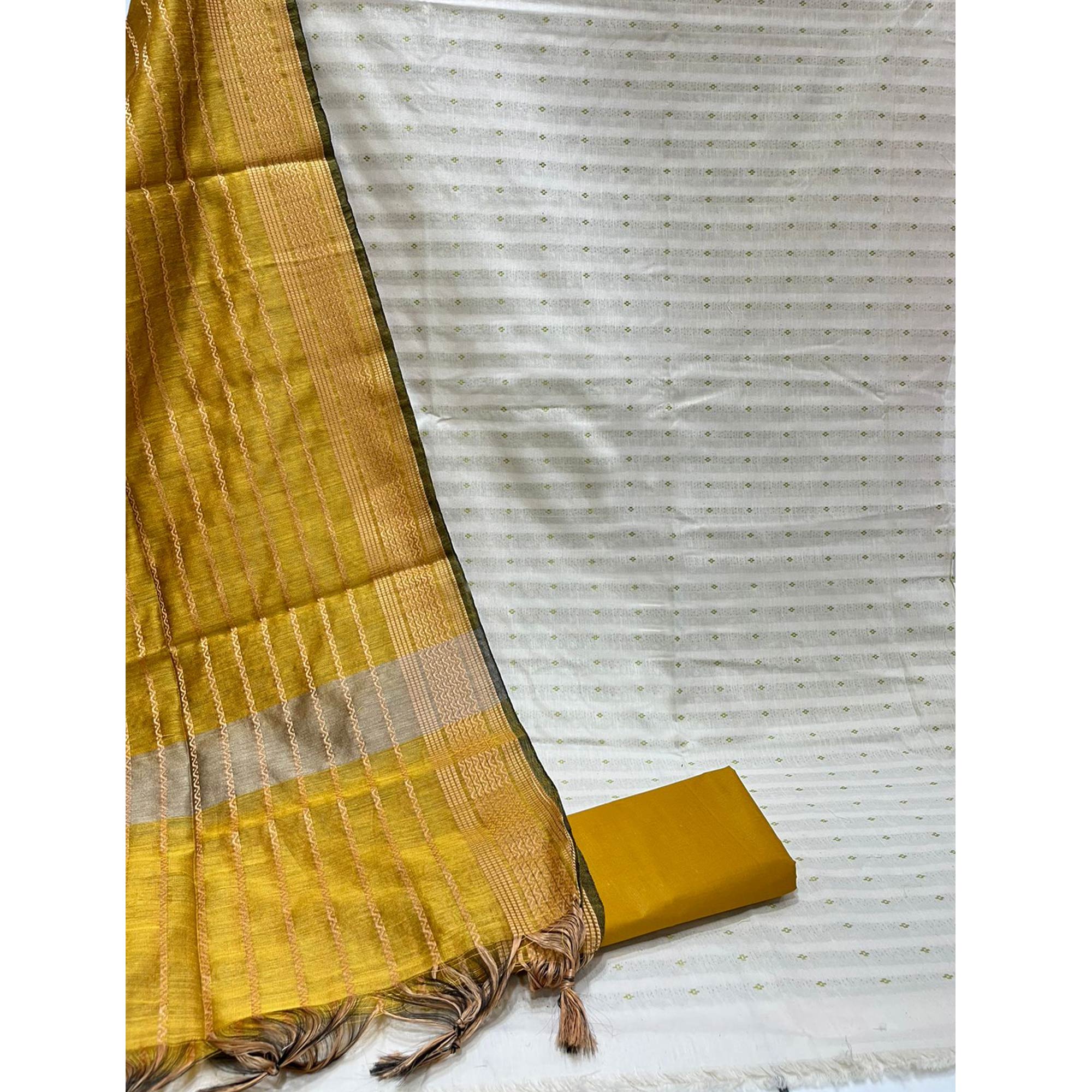 White-Mustard Woven Cotton Blend Dress Material