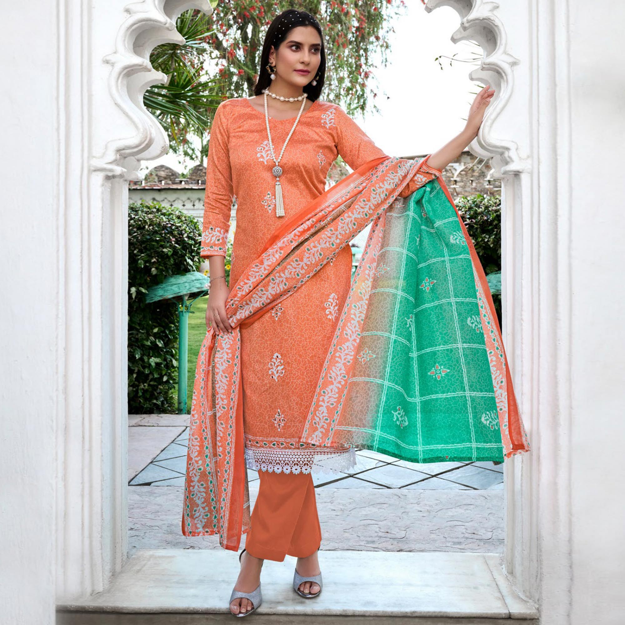 Peach Digital Printed With Mirror Work Pure Cotton Suit