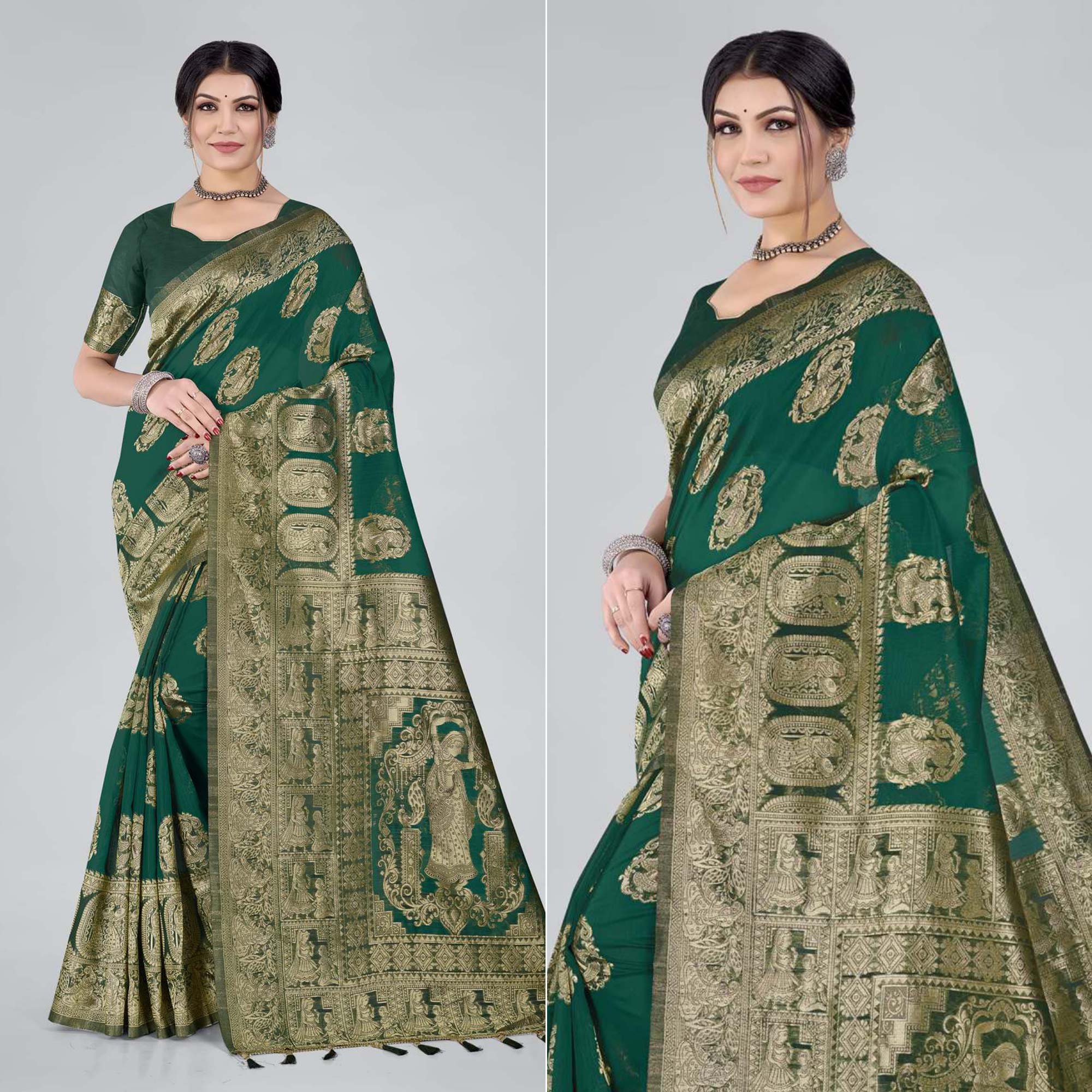 Green Woven Organza Saree With Tassels