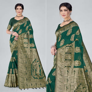 Green Woven Organza Saree With Tassels