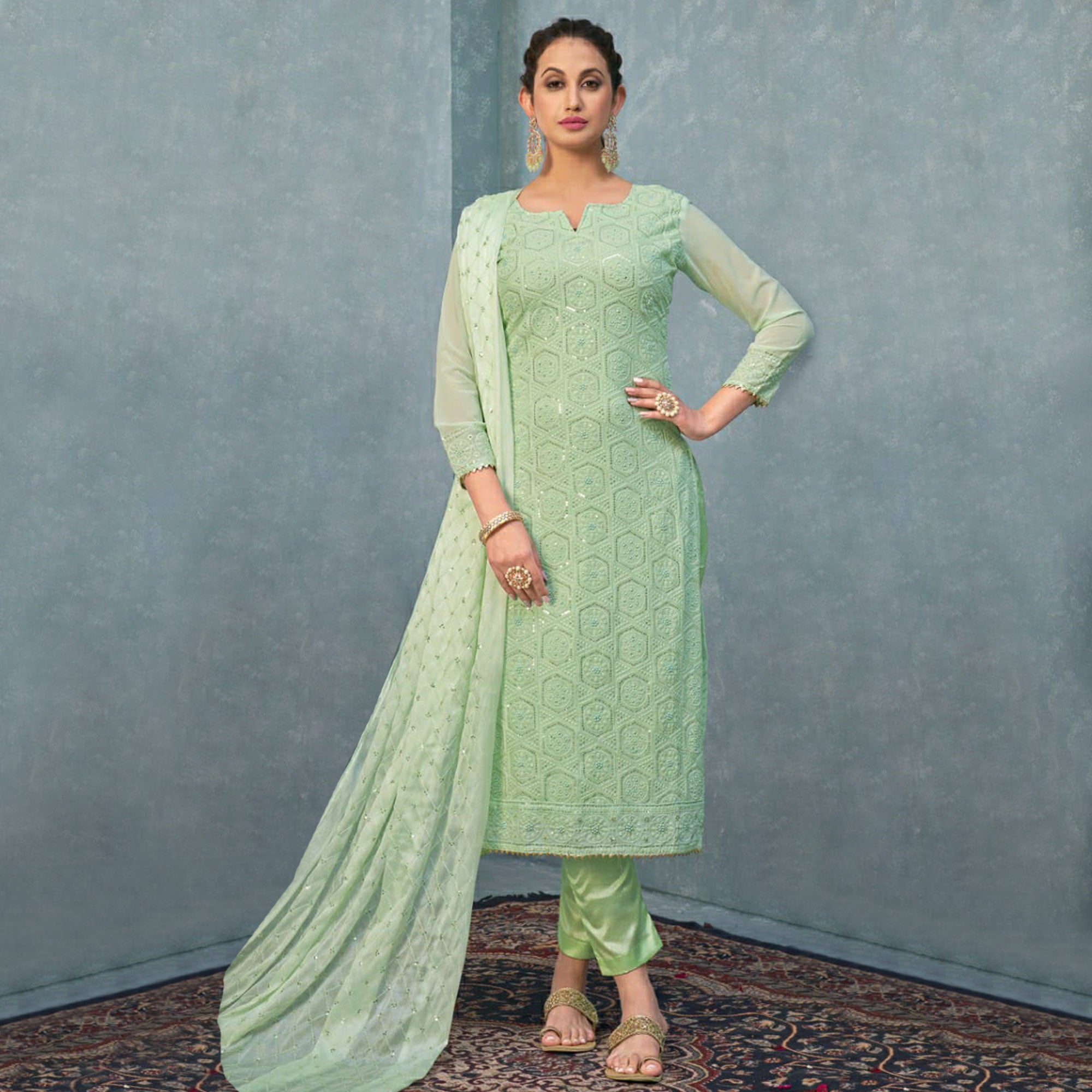 Pista Green Mirror Embroidered Georgette Suit