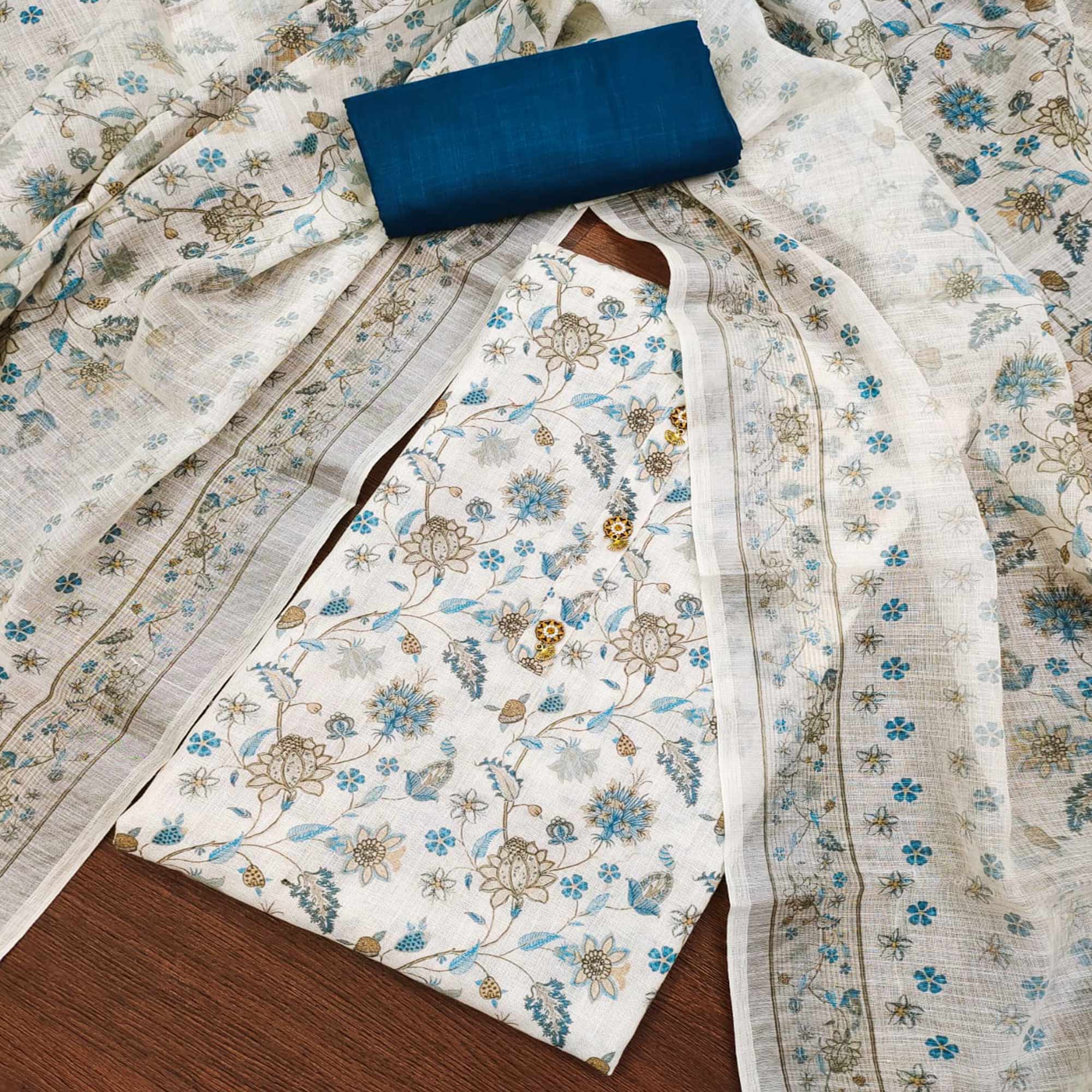 White & Blue Floral Digital Printed Cotton Dress Material