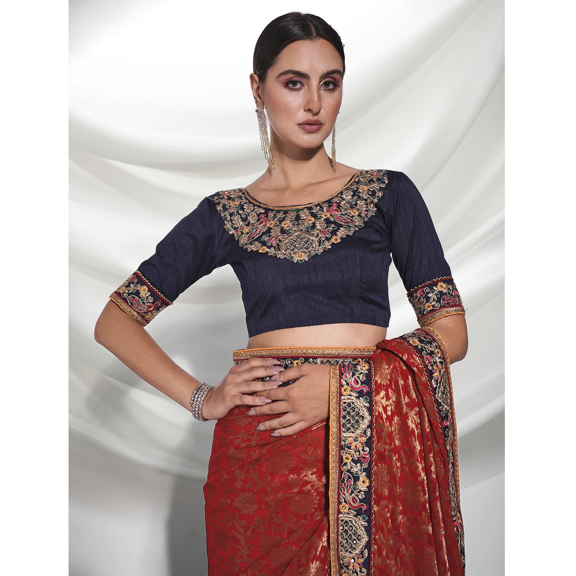 Red Woven With Embroidered Border Viscose Saree