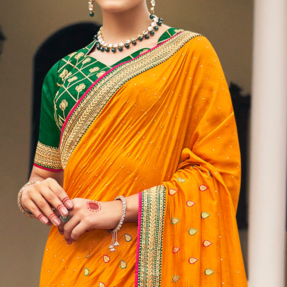 Orange Embroidered With Stone Work Vichitra Silk Saree