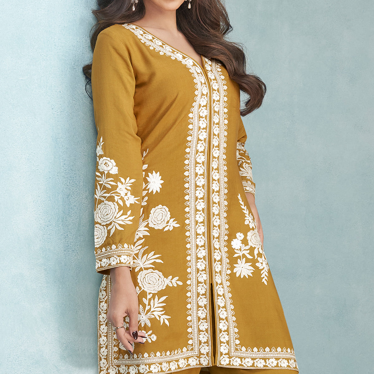 Mustard Floral Embroidered Rayon Kurti Co Ord Set