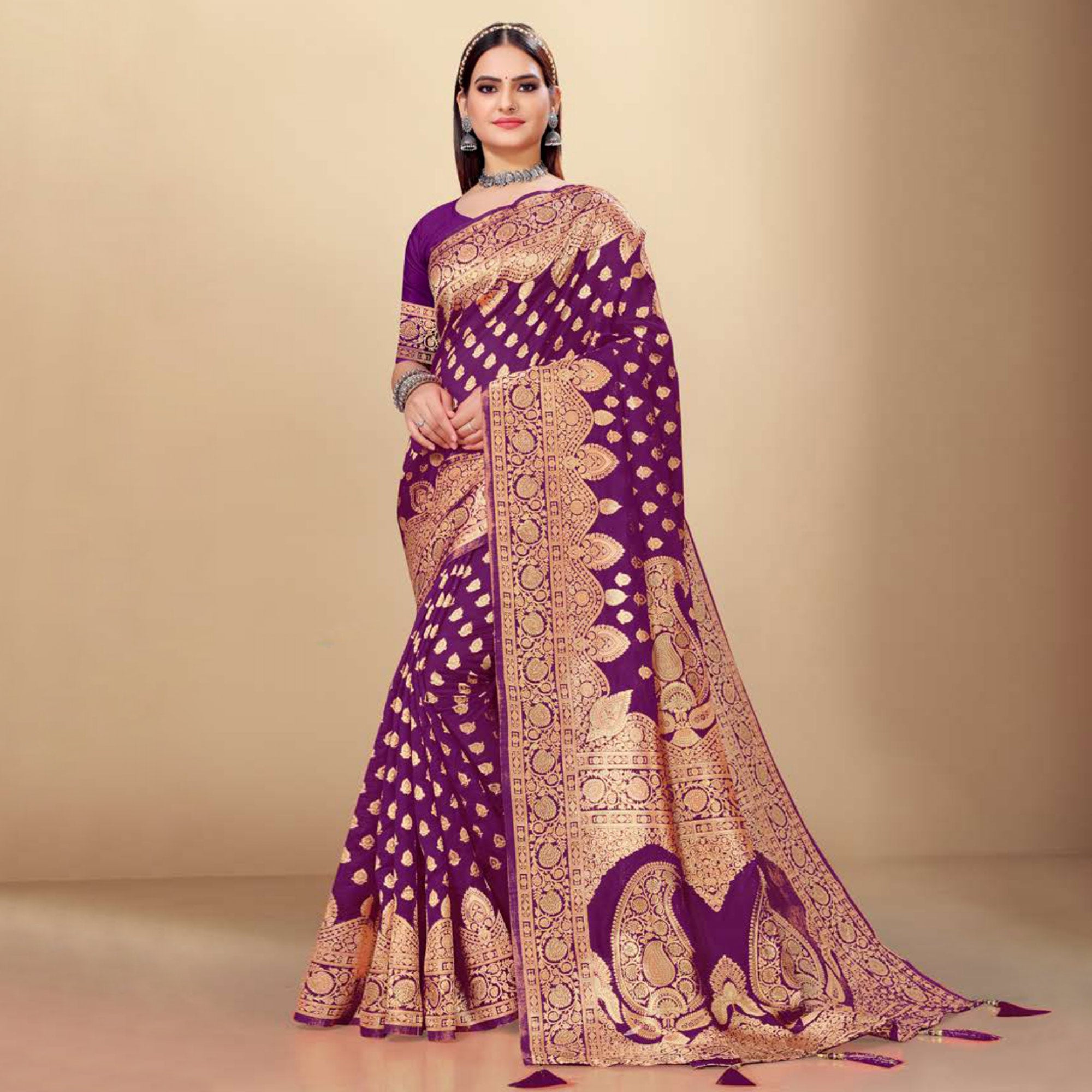 Purple Woven Art Silk Saree With Tassels