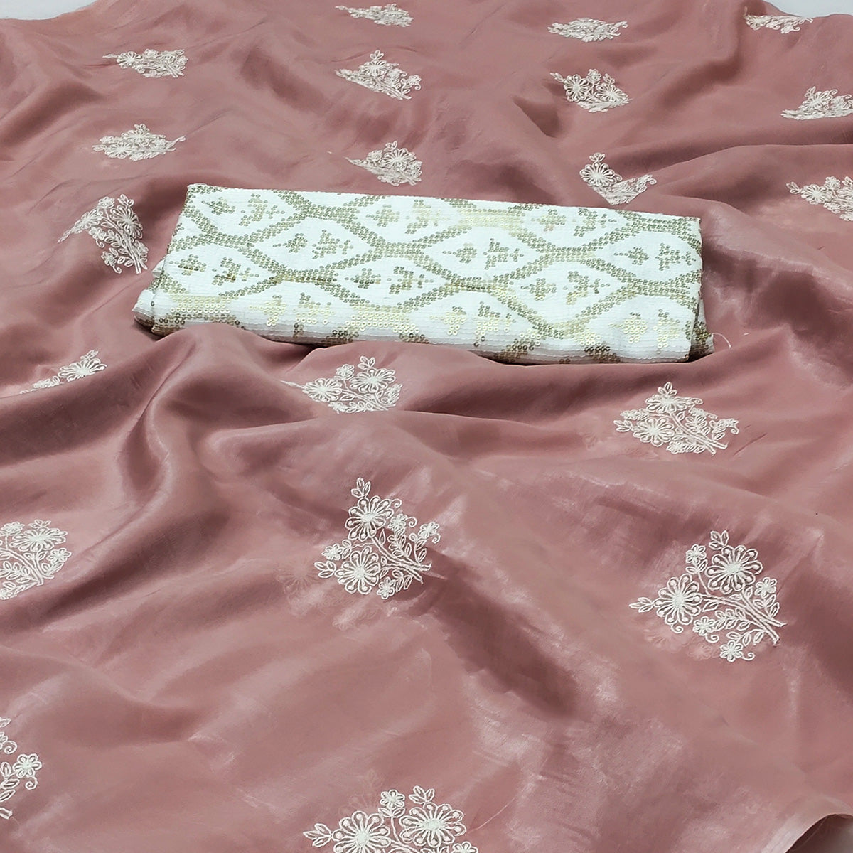 Dusty Pink Floral Embroidered Organza Saree