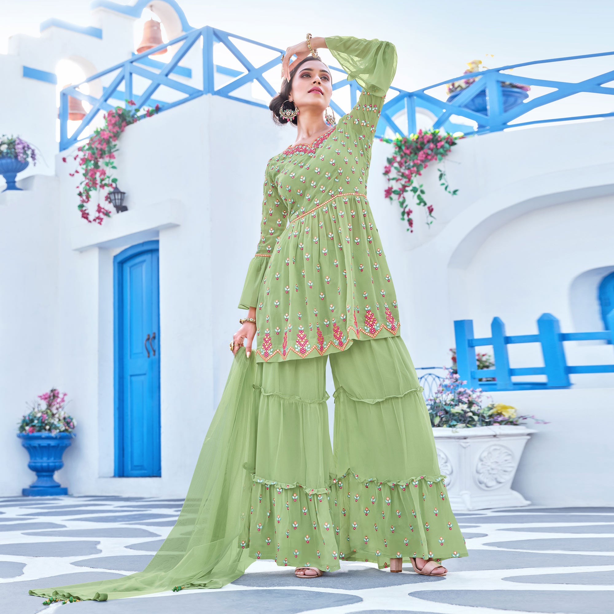 Pista Green Floral Embroidered Georgette Sharara Suit