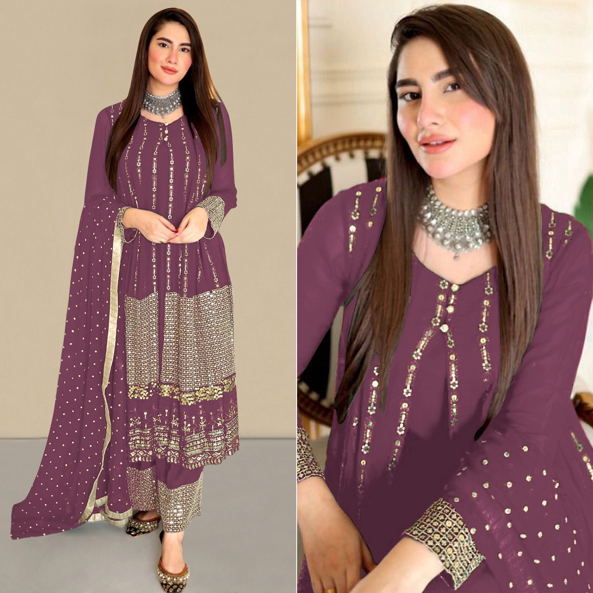 Mauve Sequins Embroidered Georgette Pakistani Suit