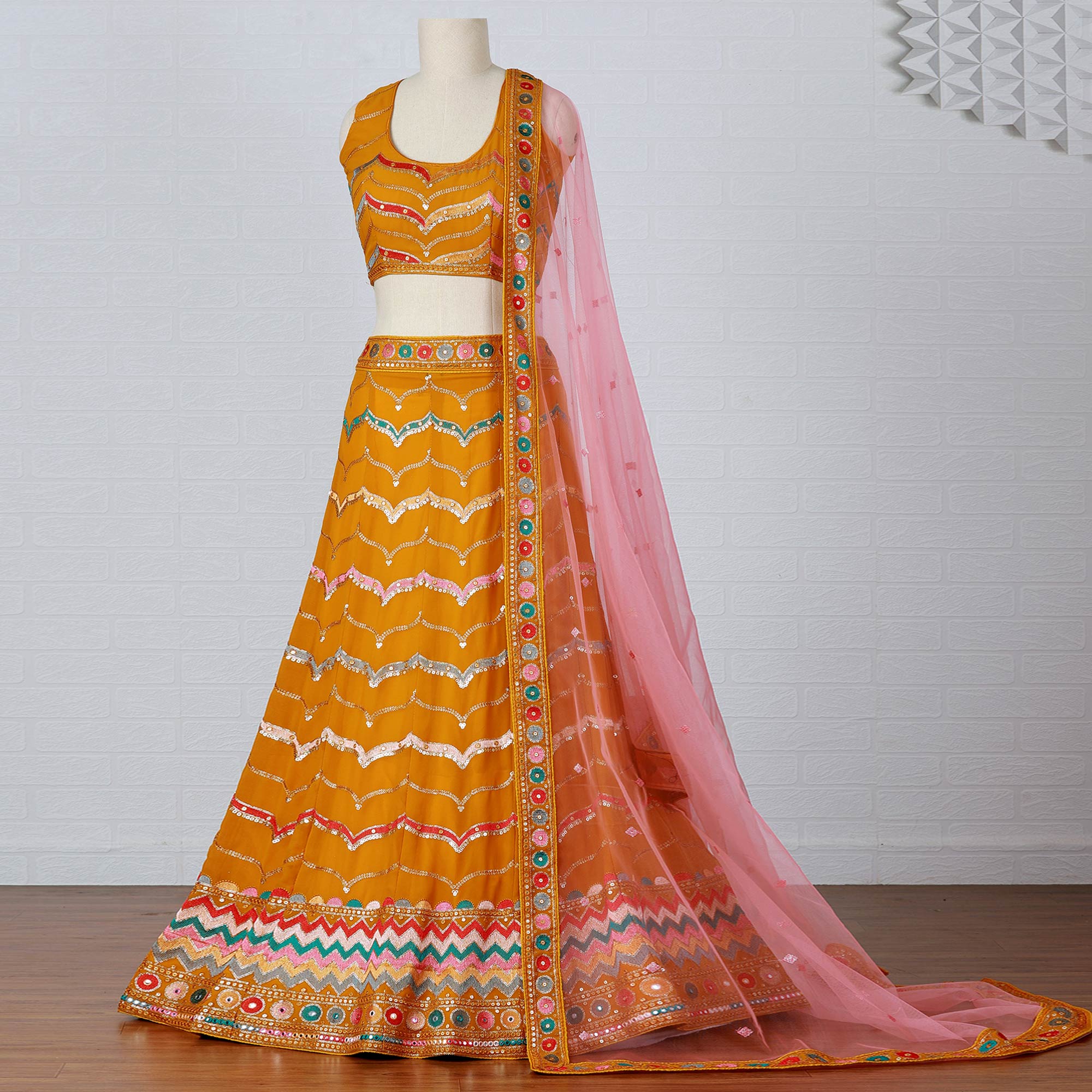 Mustard Sequins Embroidered Georgette Lehenga Choli