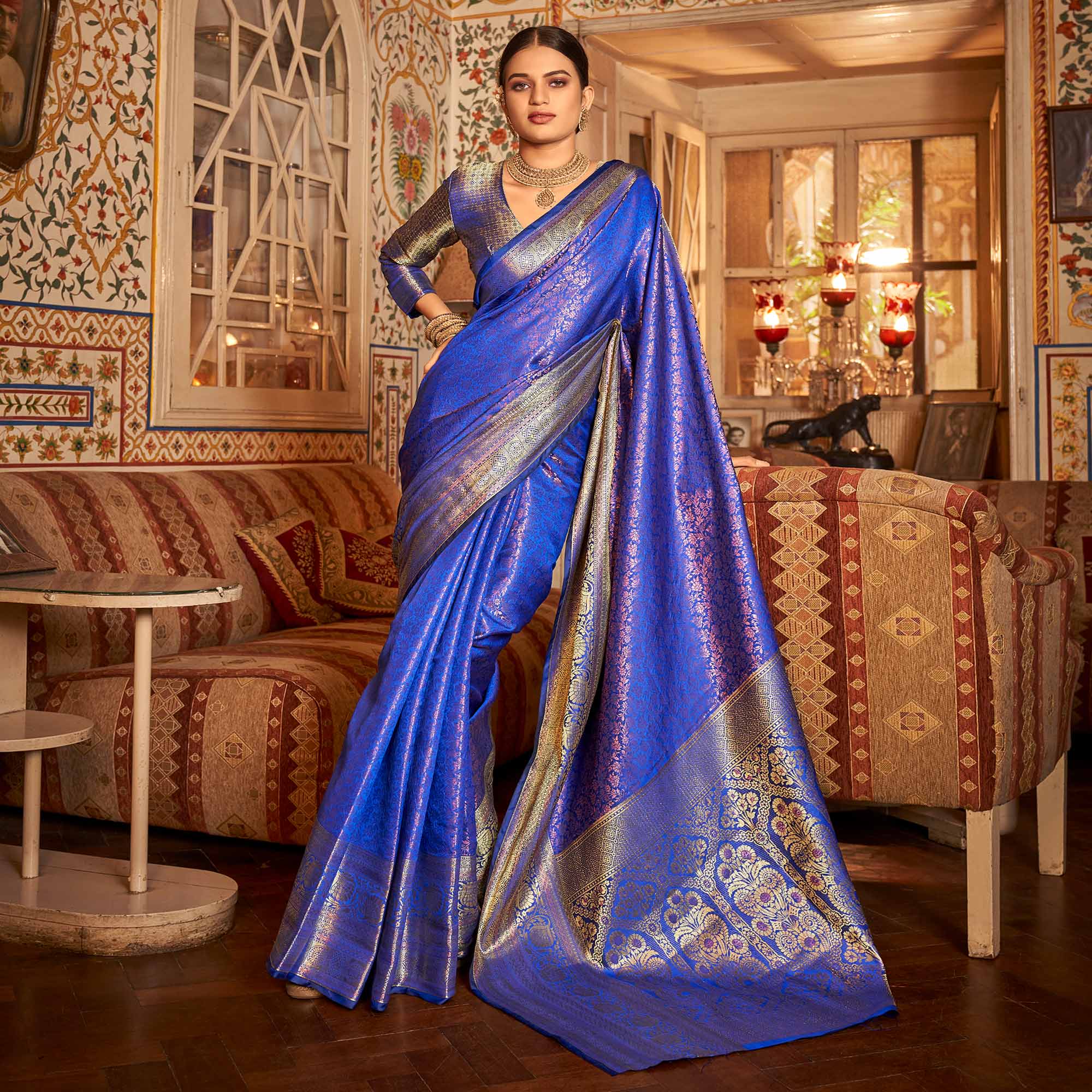 Blue Floral Woven Kanjivaram Silk Saree