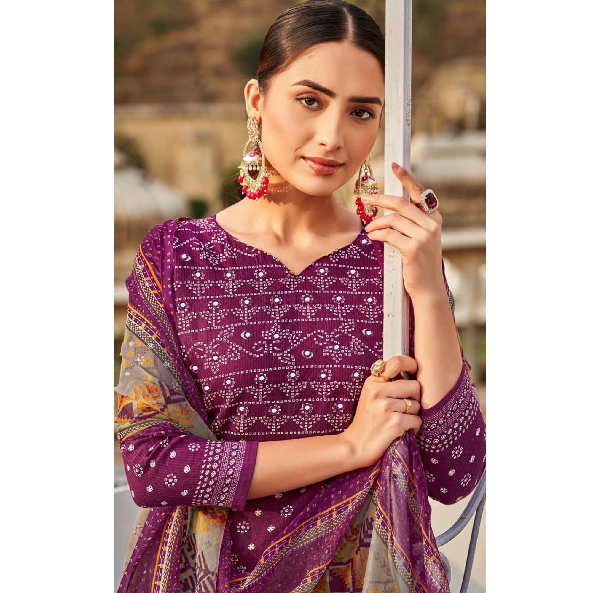 Wine Bandhani Printed Pure Cotton Salwar Suit