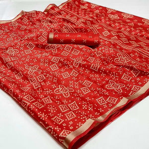 Red Bandhani Printed Art Silk Saree