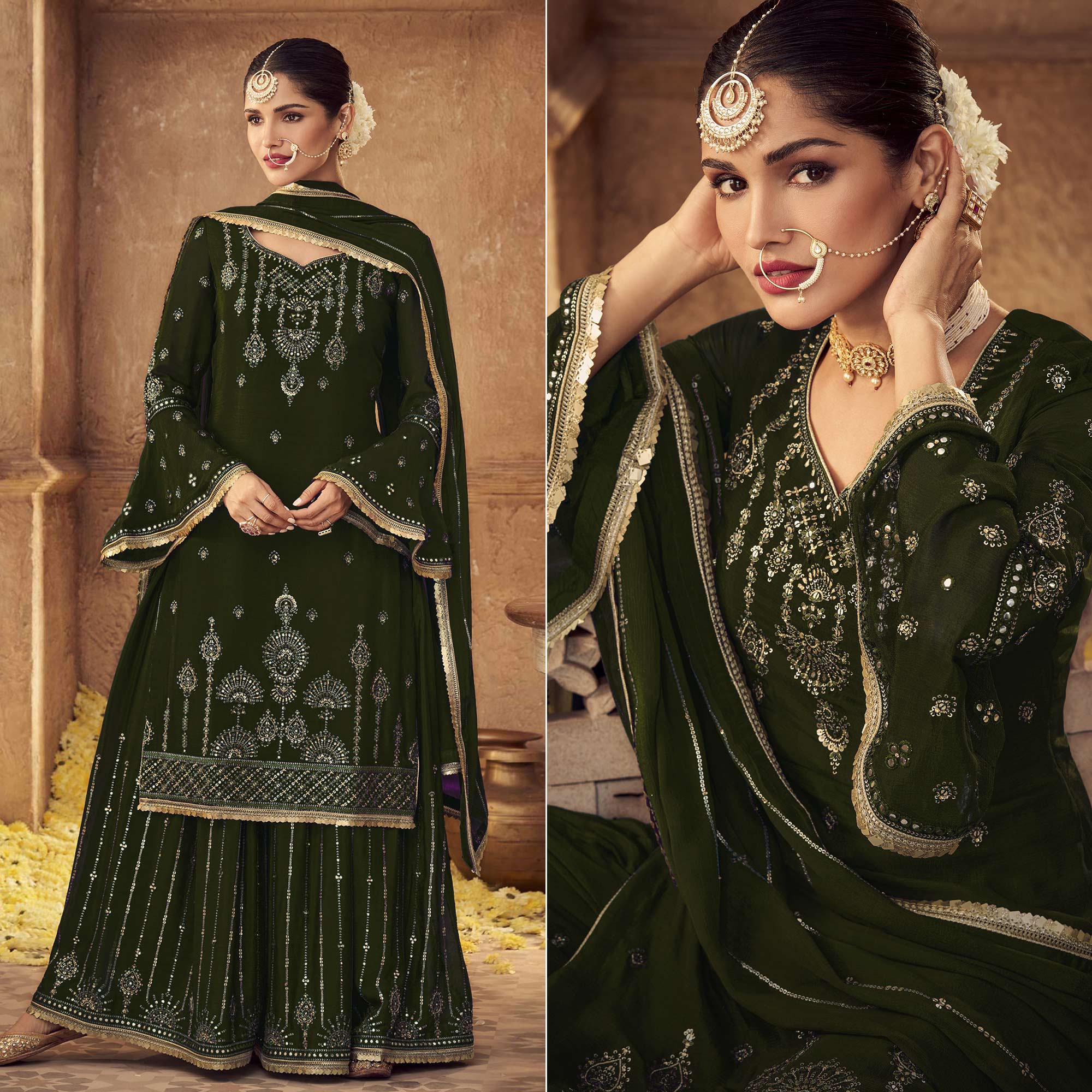 Mehndi Green Sequins Embroidered Georgette Sharara Suit
