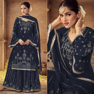 Navy Blue Sequins Embroidered Georgette Sharara Suit