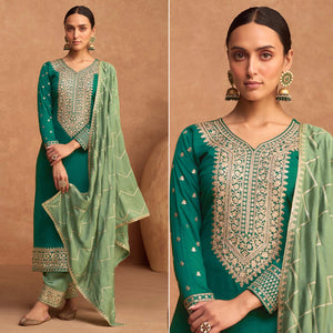 Green Floral Sequins Embroidered Art Silk Semi Stitched Suit