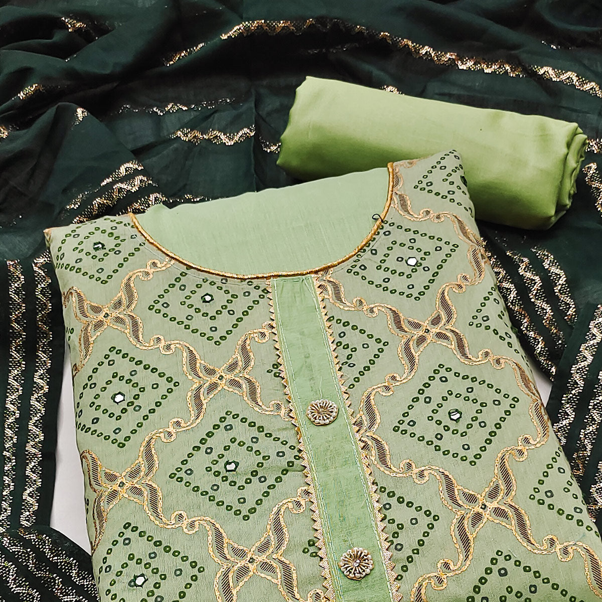 Green Embroidered Chanderi Dress Material
