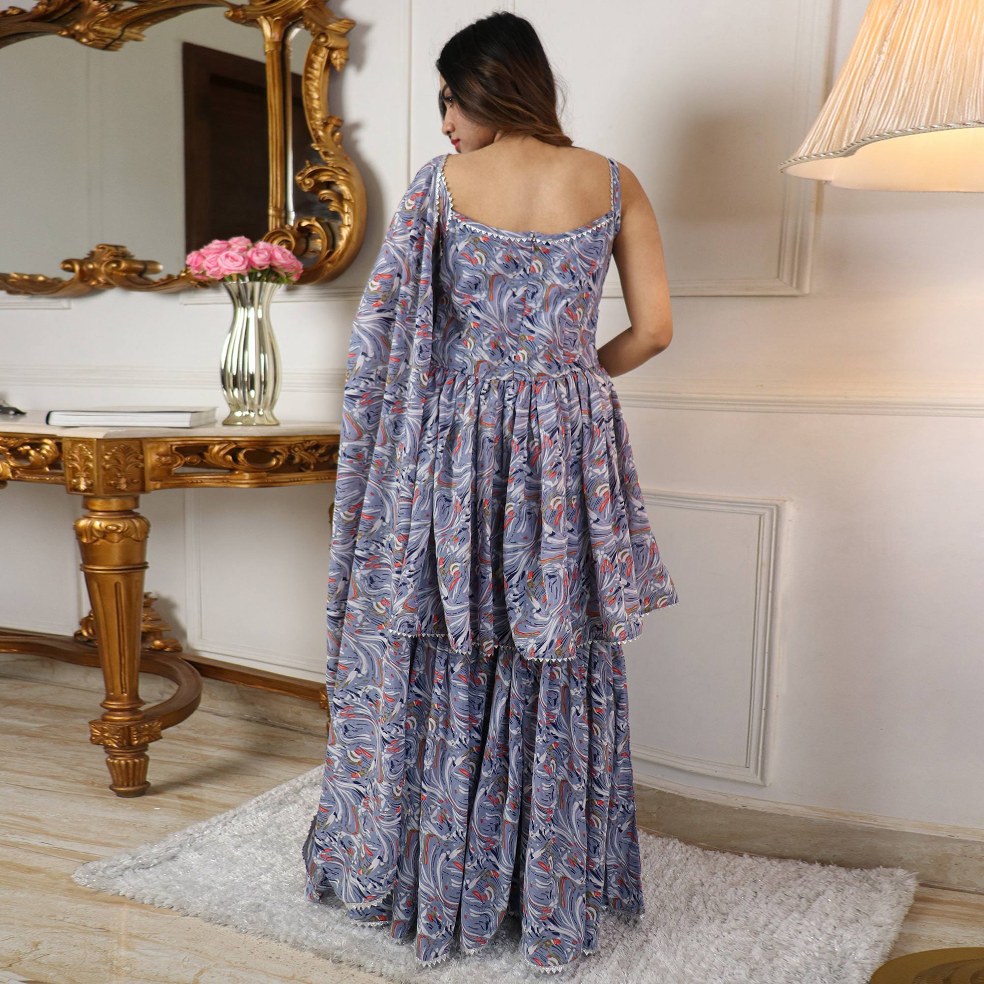 Grey Printed With Gota Work Georgette Sharara Suit