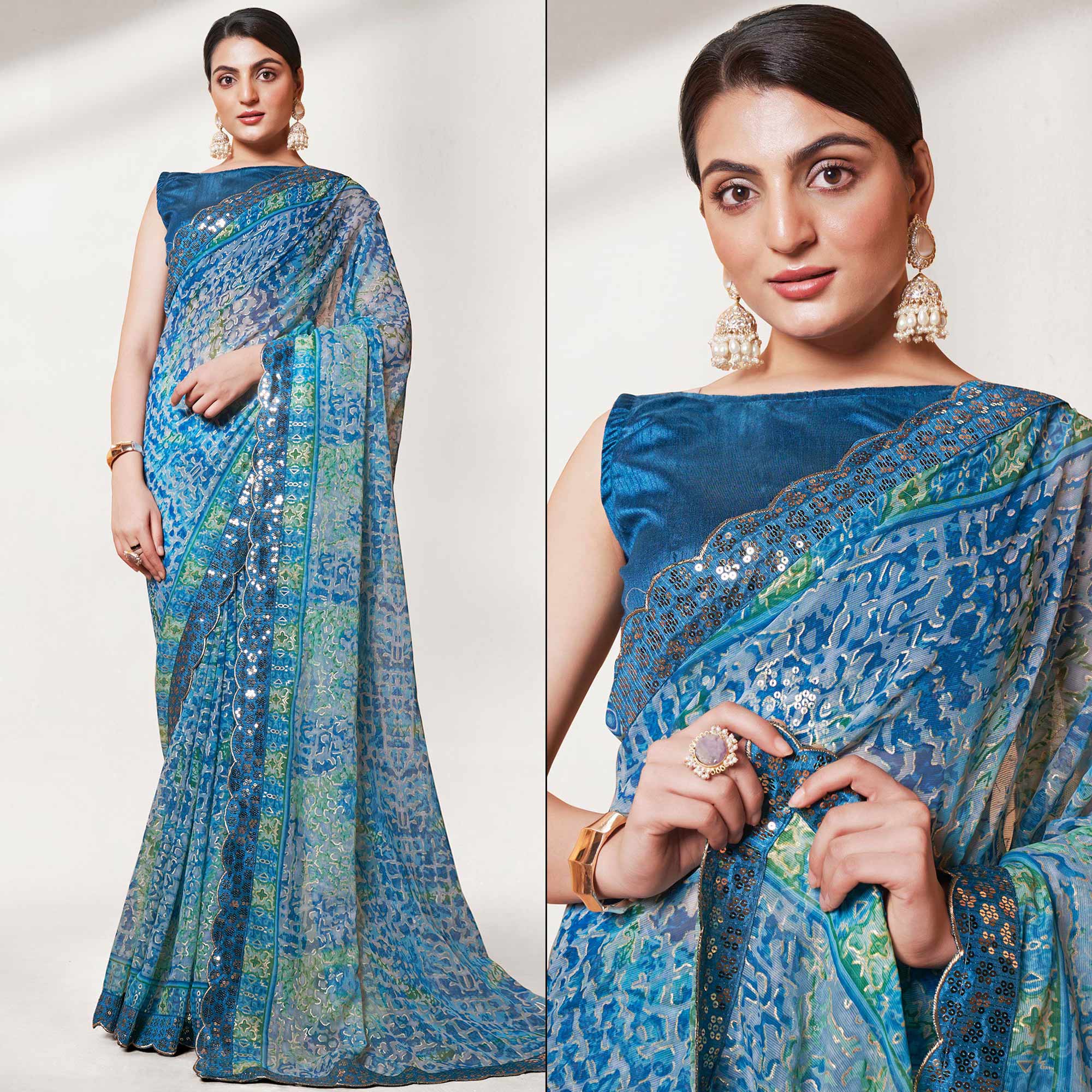 Blue Printed With Sequins Border Georgette Saree
