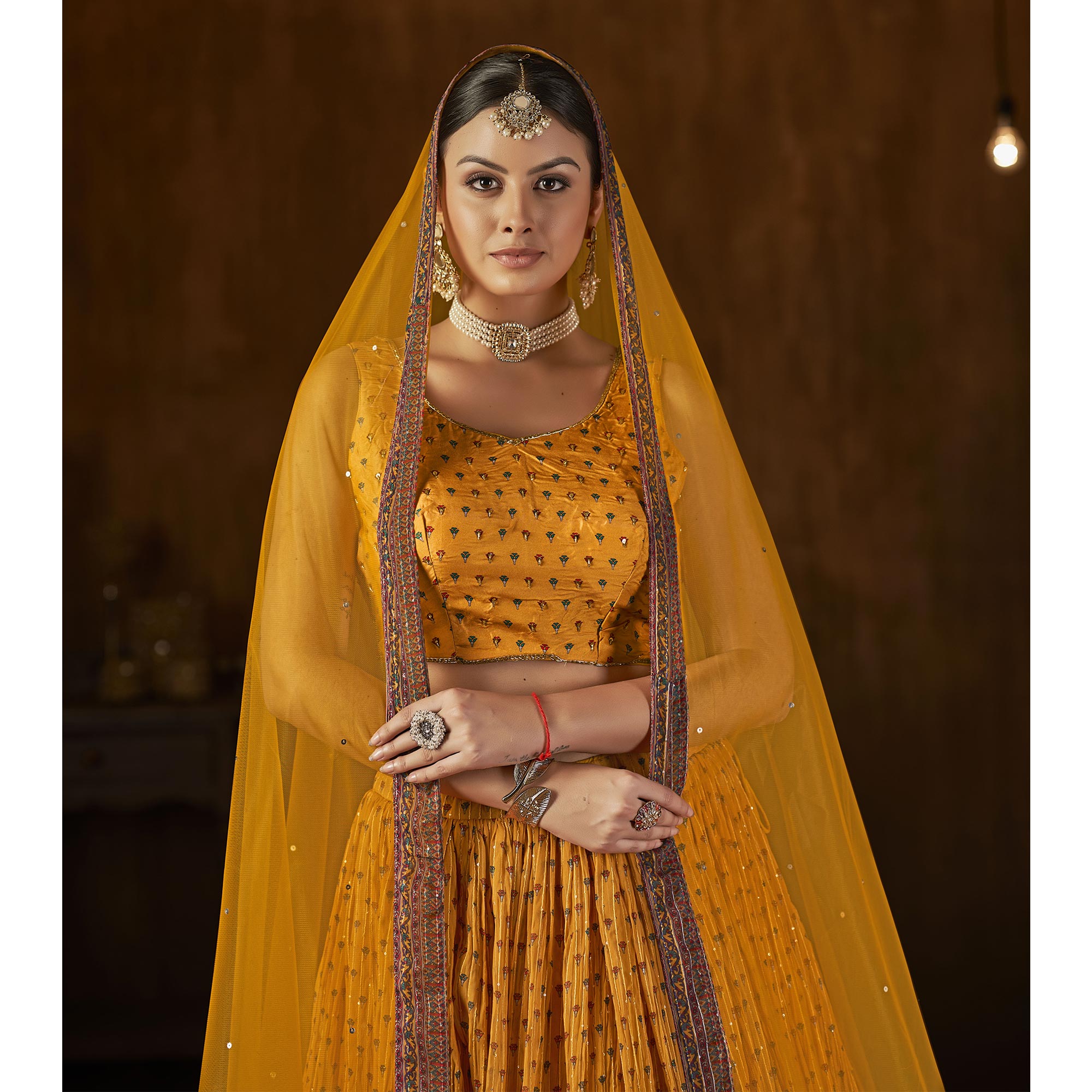 Mustard Printed With Sequins Work Georgette Lehenga Choli
