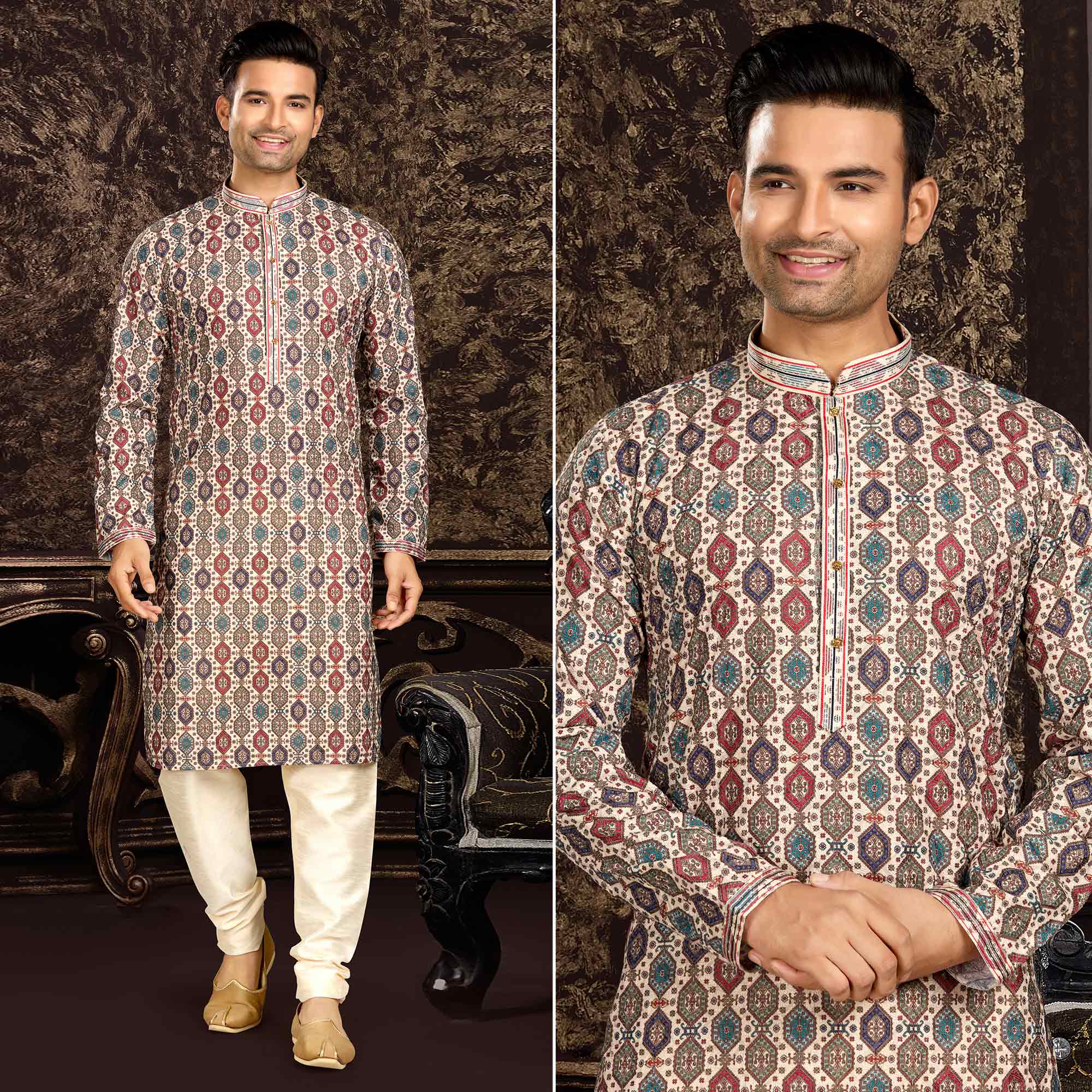 Multicolor Lucknowi And Digital Printed Cotton Kurta Pyjama Set