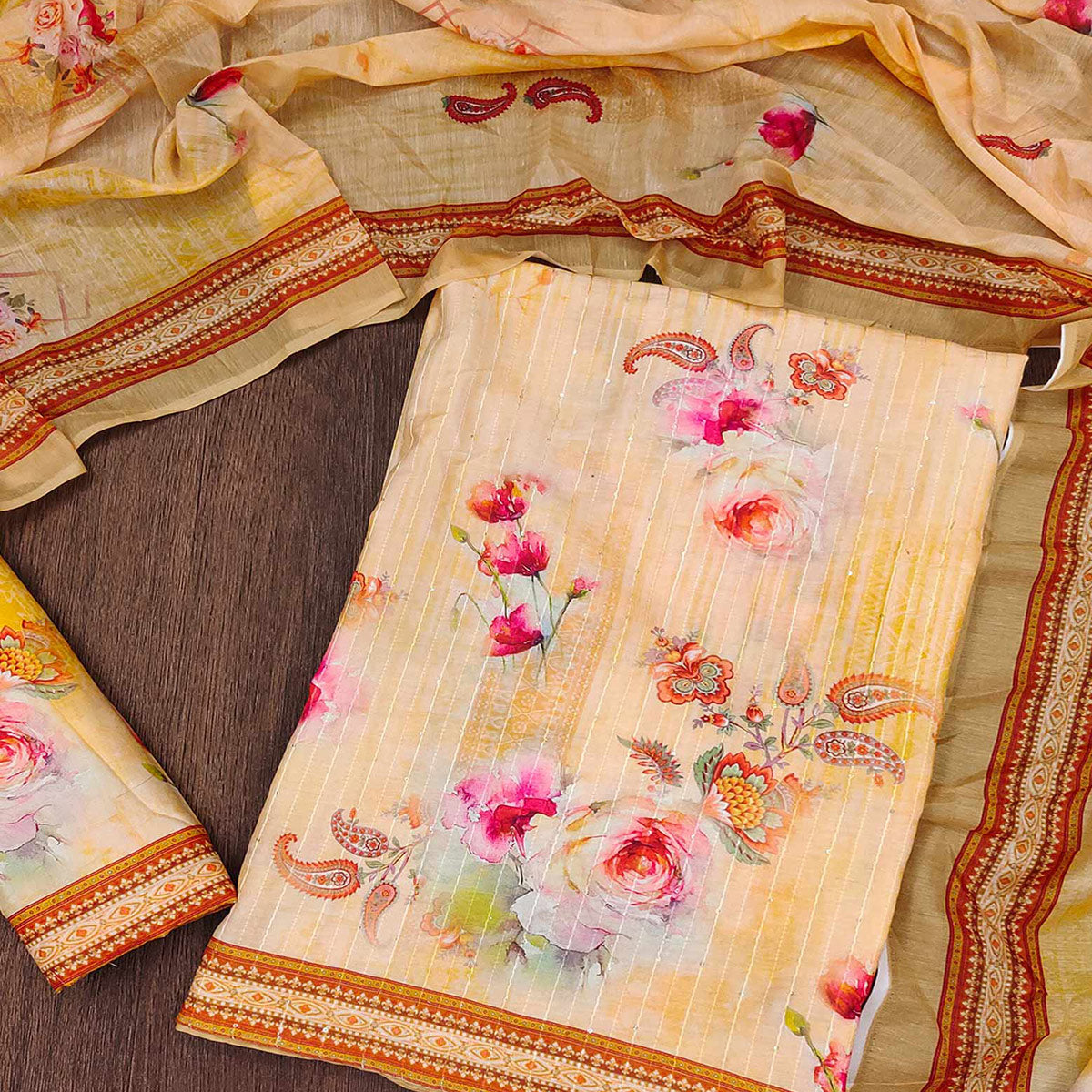 Yellow Floral Digital Printed Muslin Dress Material