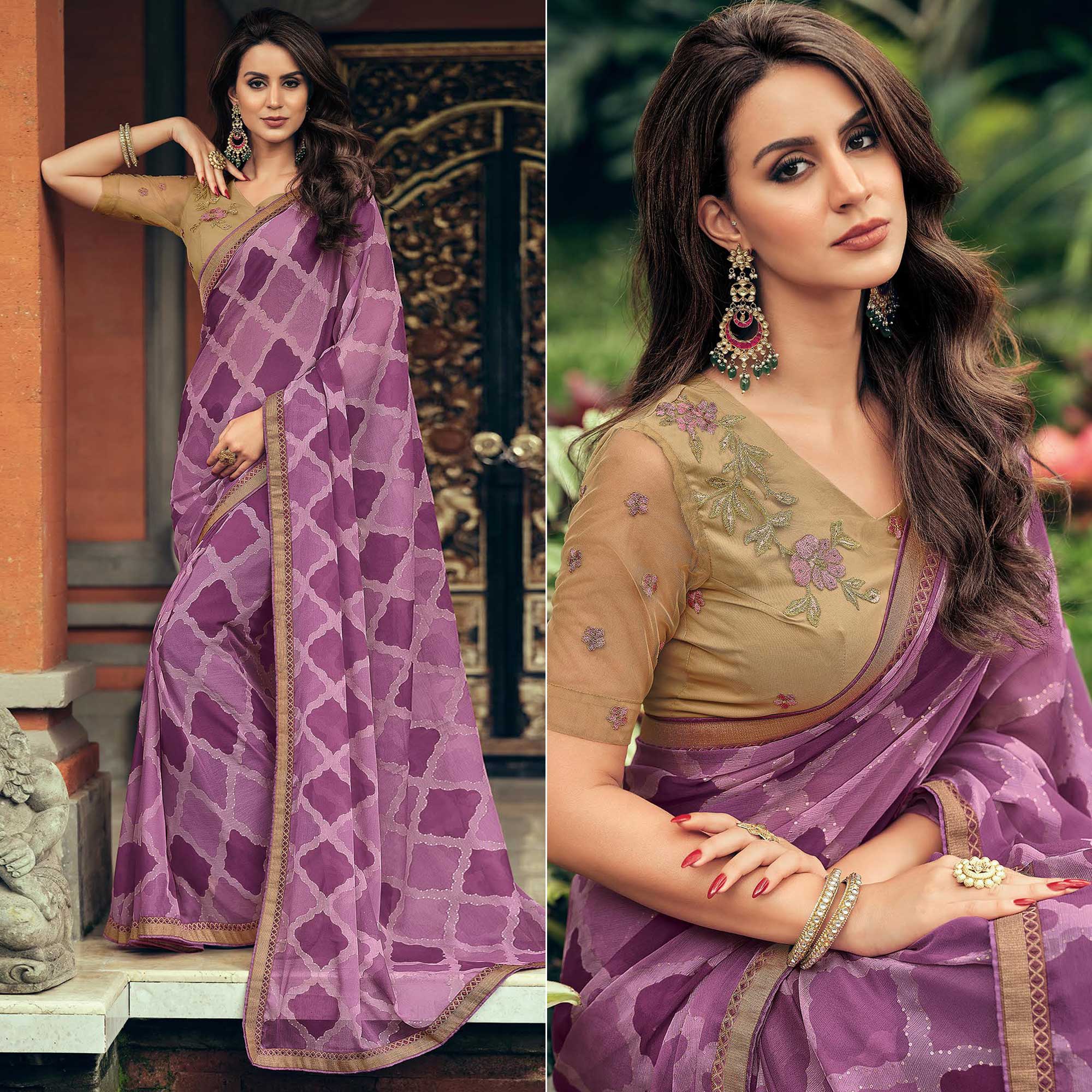 Purple Foil Printed Chiffon Saree