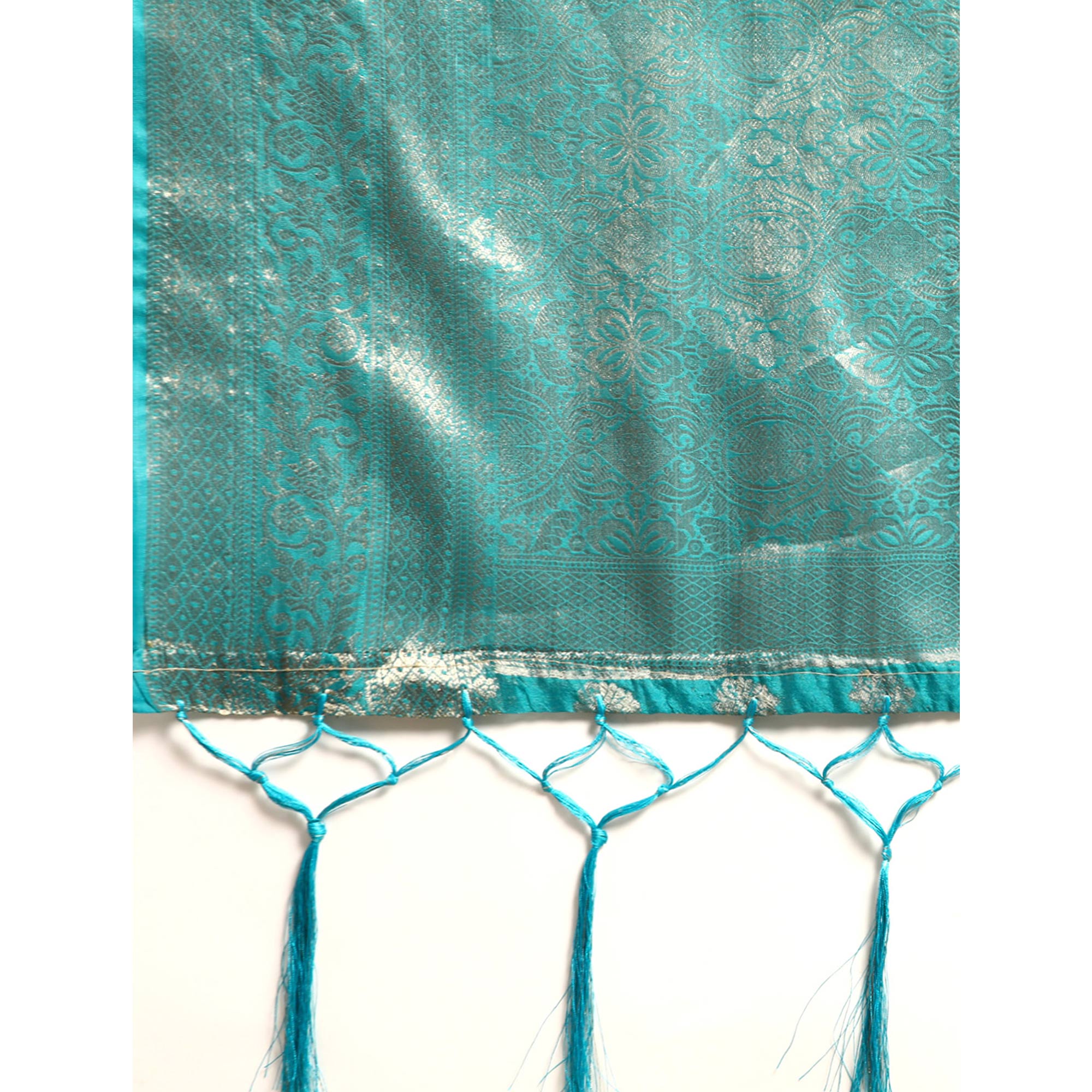 Turquoise Woven Organza Silk Saree With Tassels