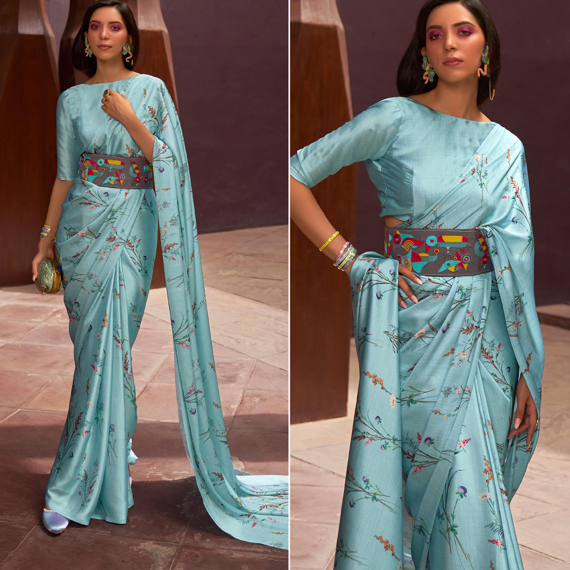 Blue Floral Digital Printed Satin Saree