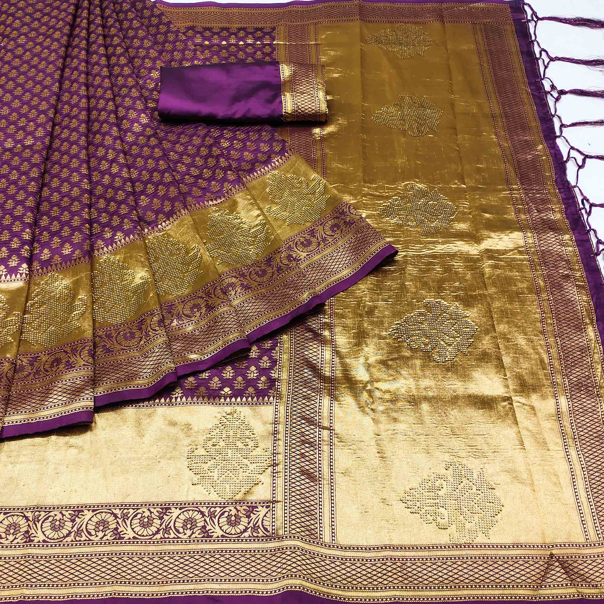 Purple Woven Art Silk Saree With Tassels