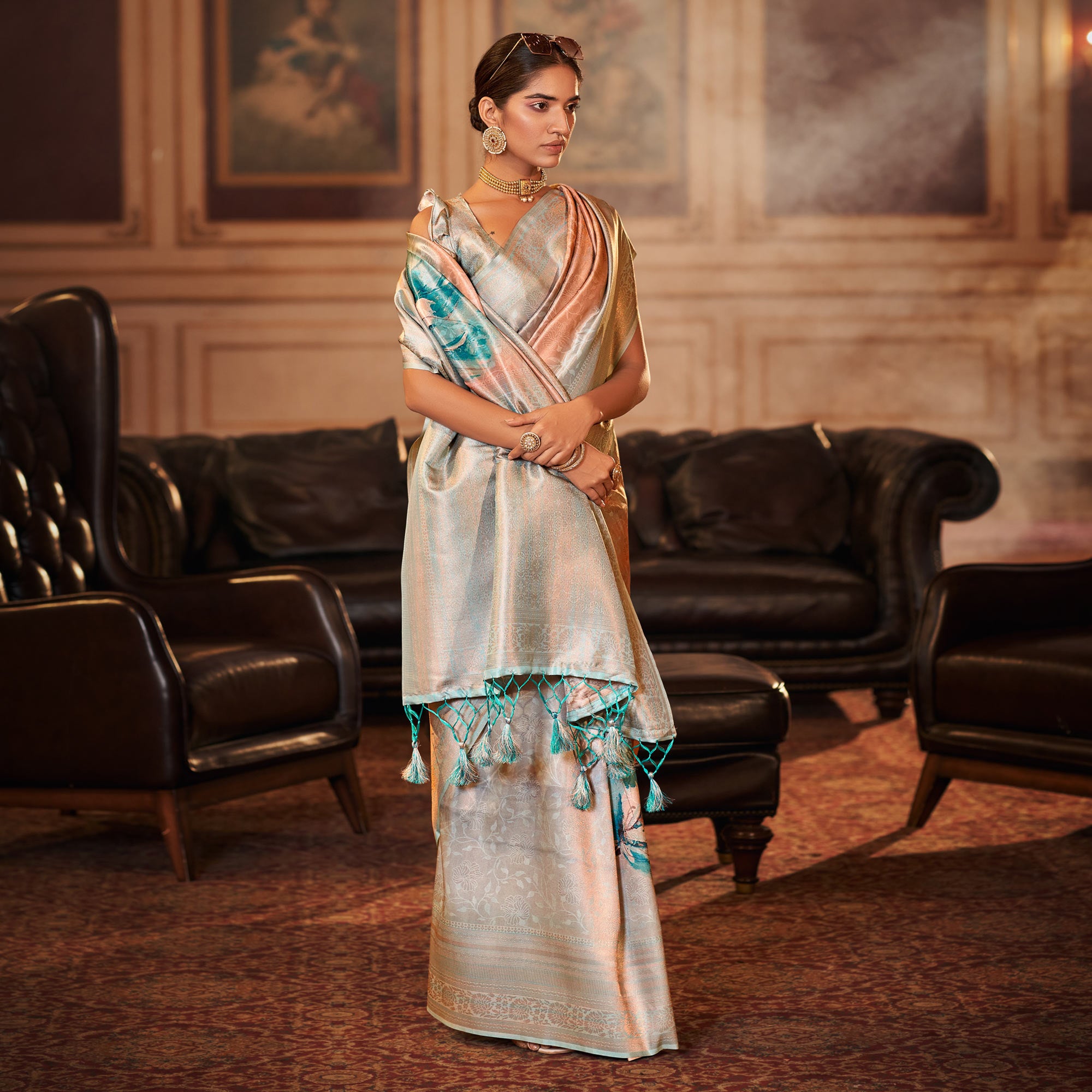 Peach & Sky Blue Woven Jacquard Saree With Tassels