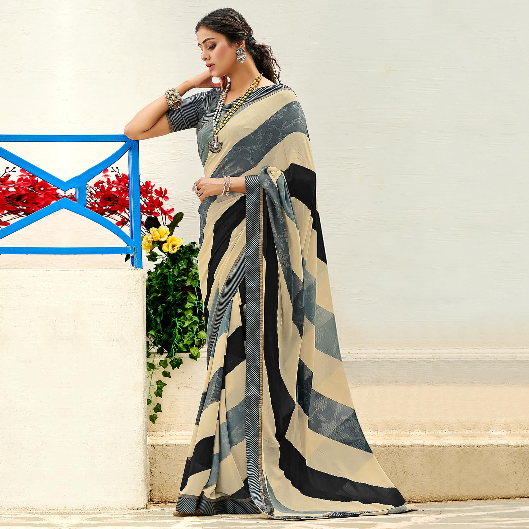 Multicolored Striped Printed Georgette Saree
