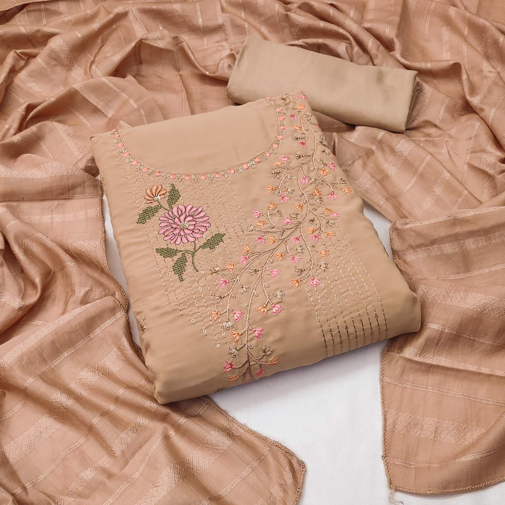 Beige Floral Embroidered Georgette Dress Material