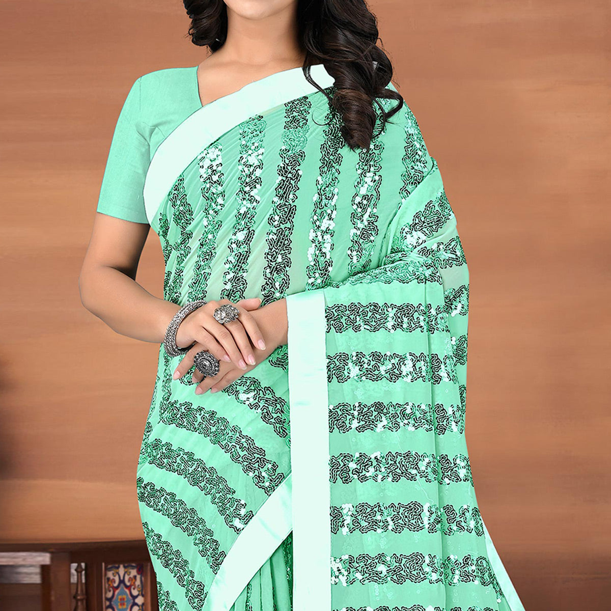 Aqua Green Sequins Embroidered Georgette Saree