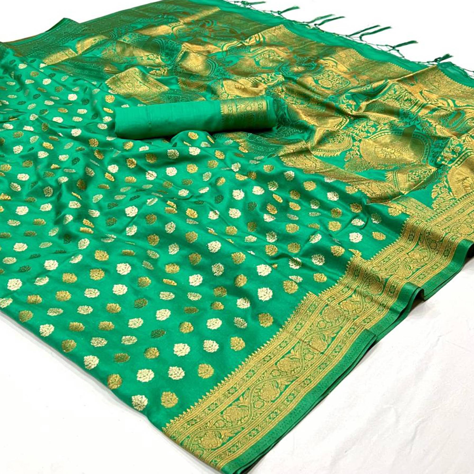 Green Woven Khadi Silk Saree With Tassels