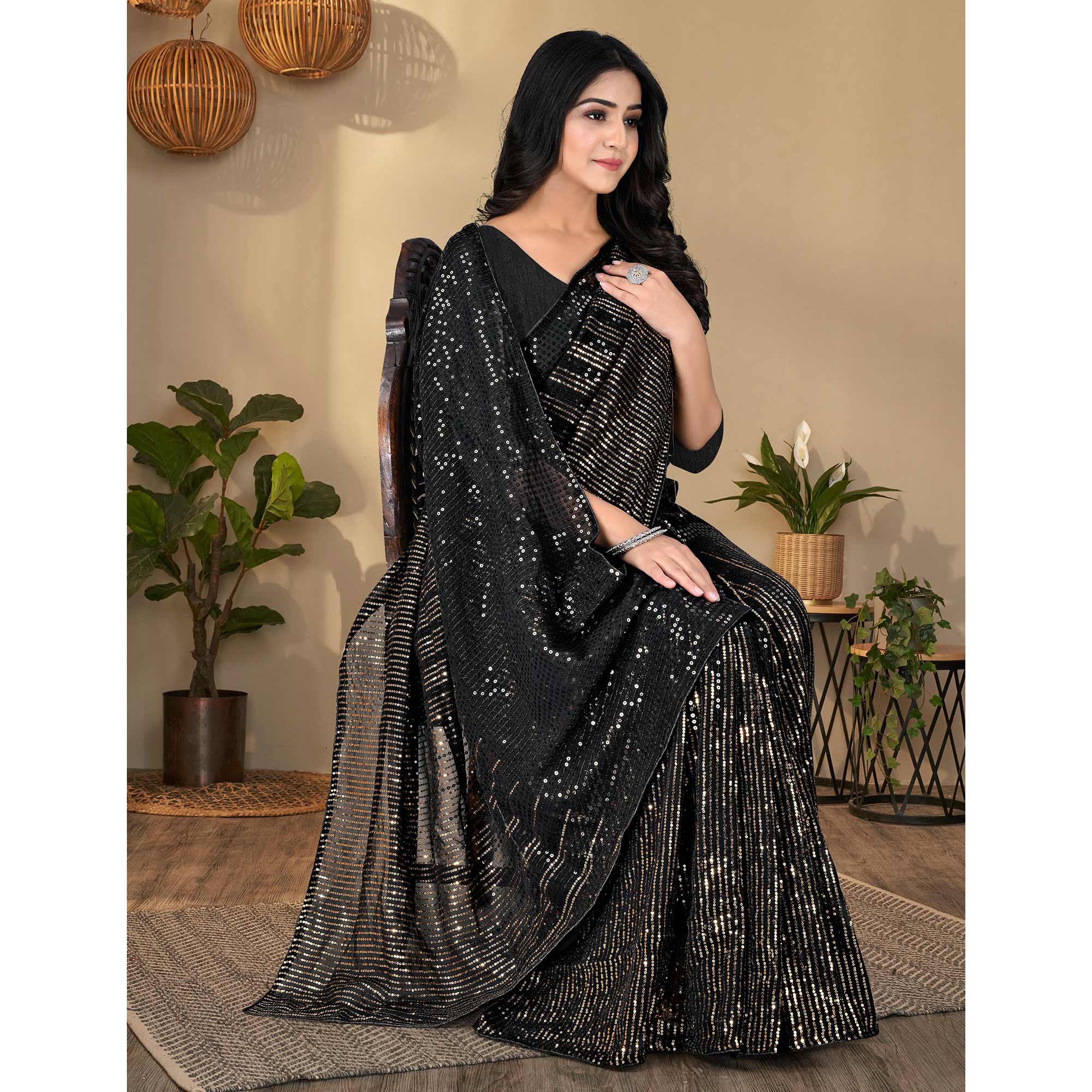 Black Sequins Embroidered Georgette Saree