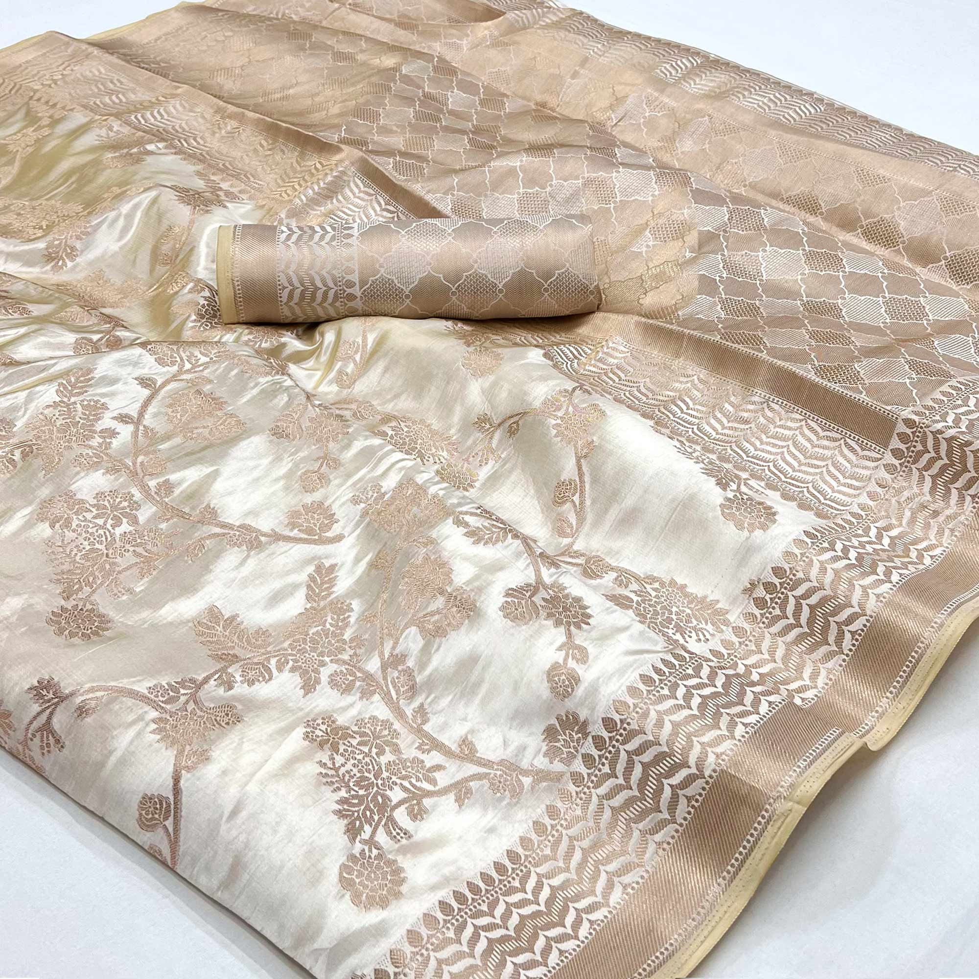 Cream Woven Raw Silk Saree