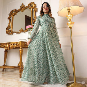 Green Printed Georgette Gown