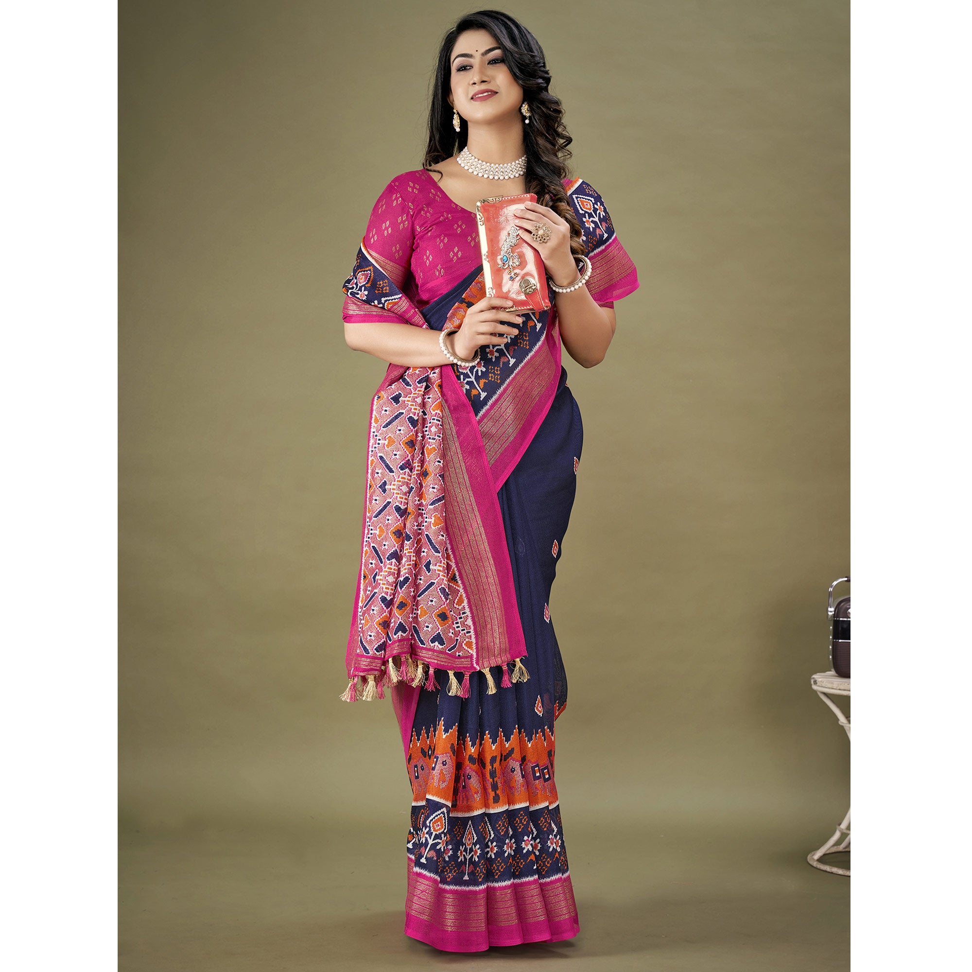 Navy Blue Printed Jute Patola Saree