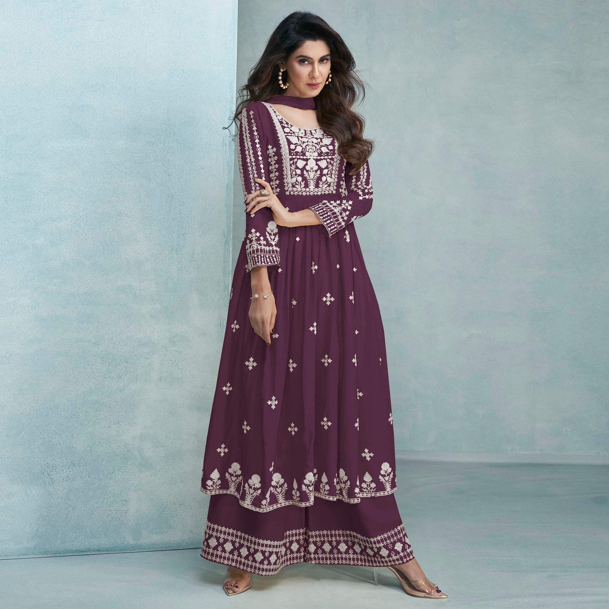 Purple Lucknowi Embroidered Rayon Palazzo Suit