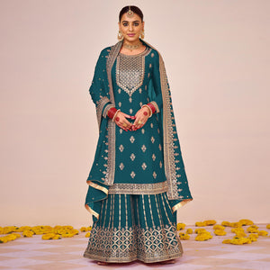 Sea Blue Embroidered Georgette Sharara Suit