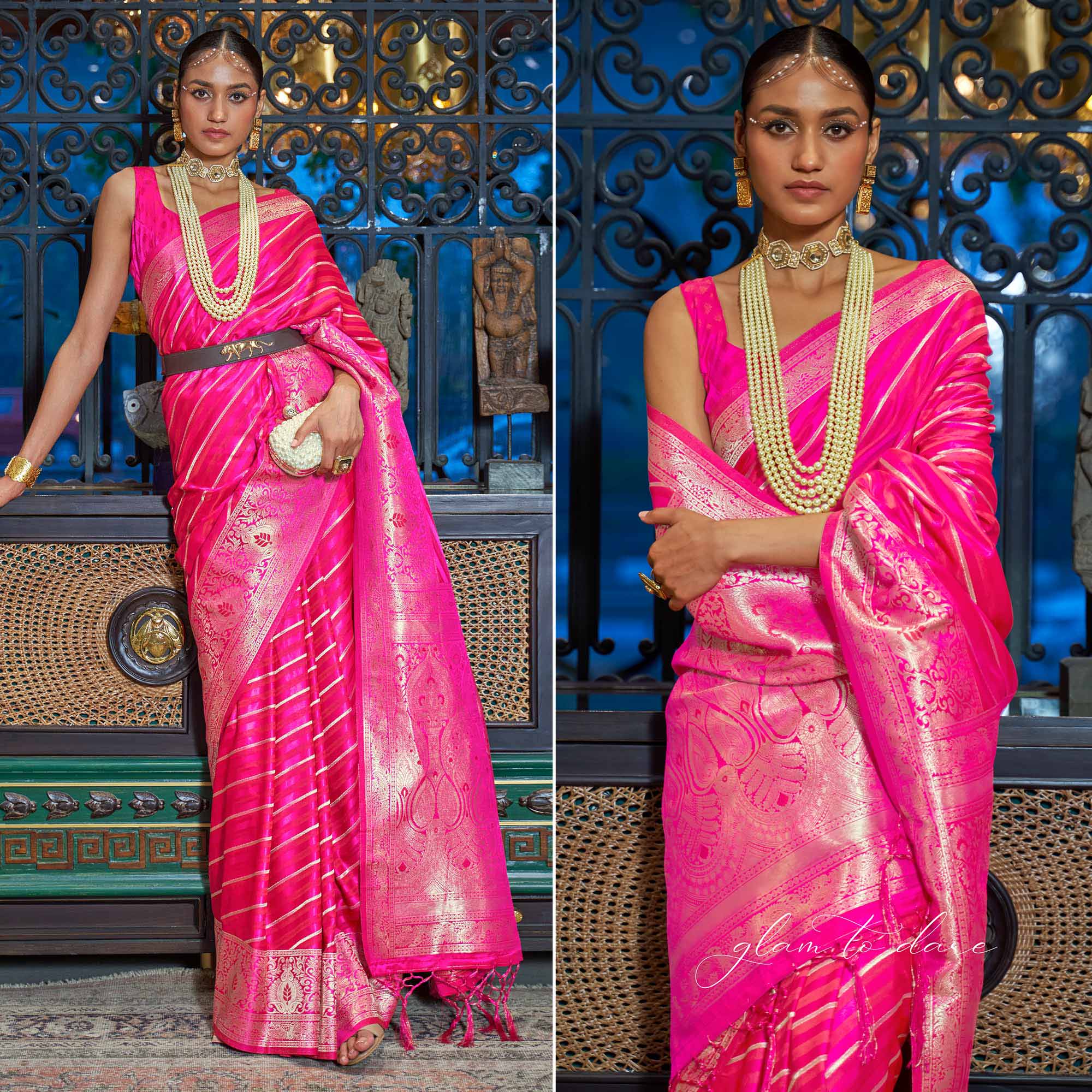 Rani Pink Woven Satin Saree With Tassels