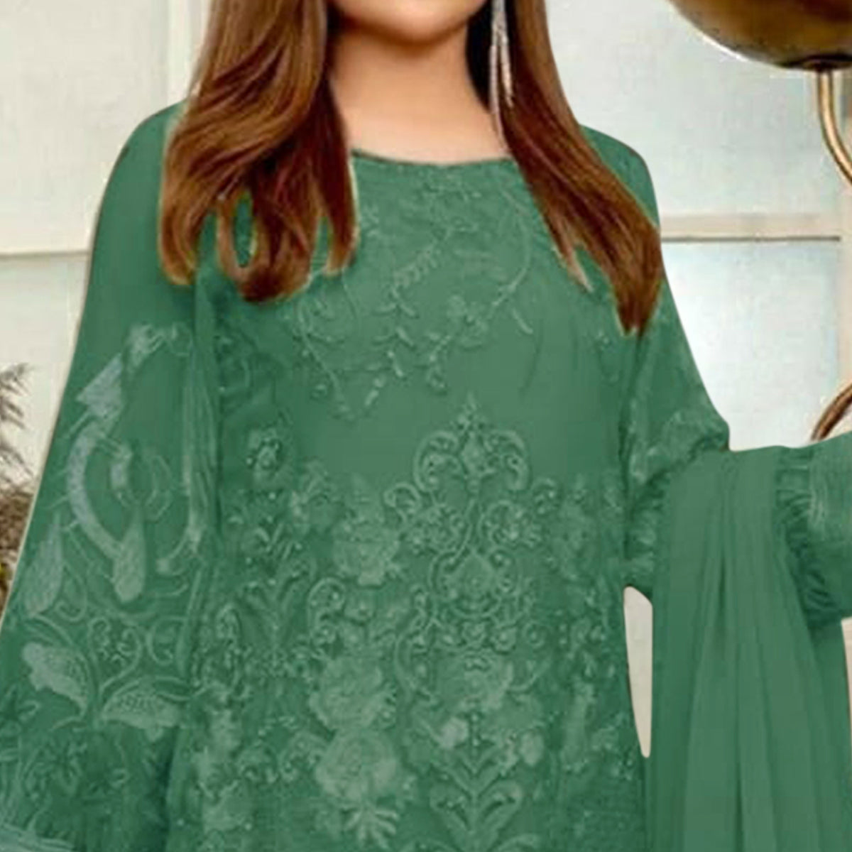 Dark Green Lucknowi Embroidered Georgette Pakistani Suit