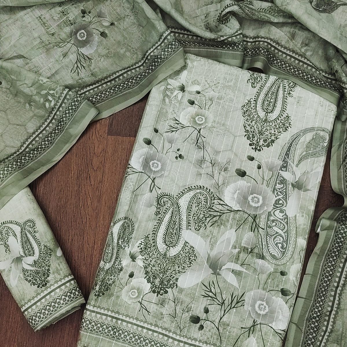 Green Digital Printed Muslin Dress Material