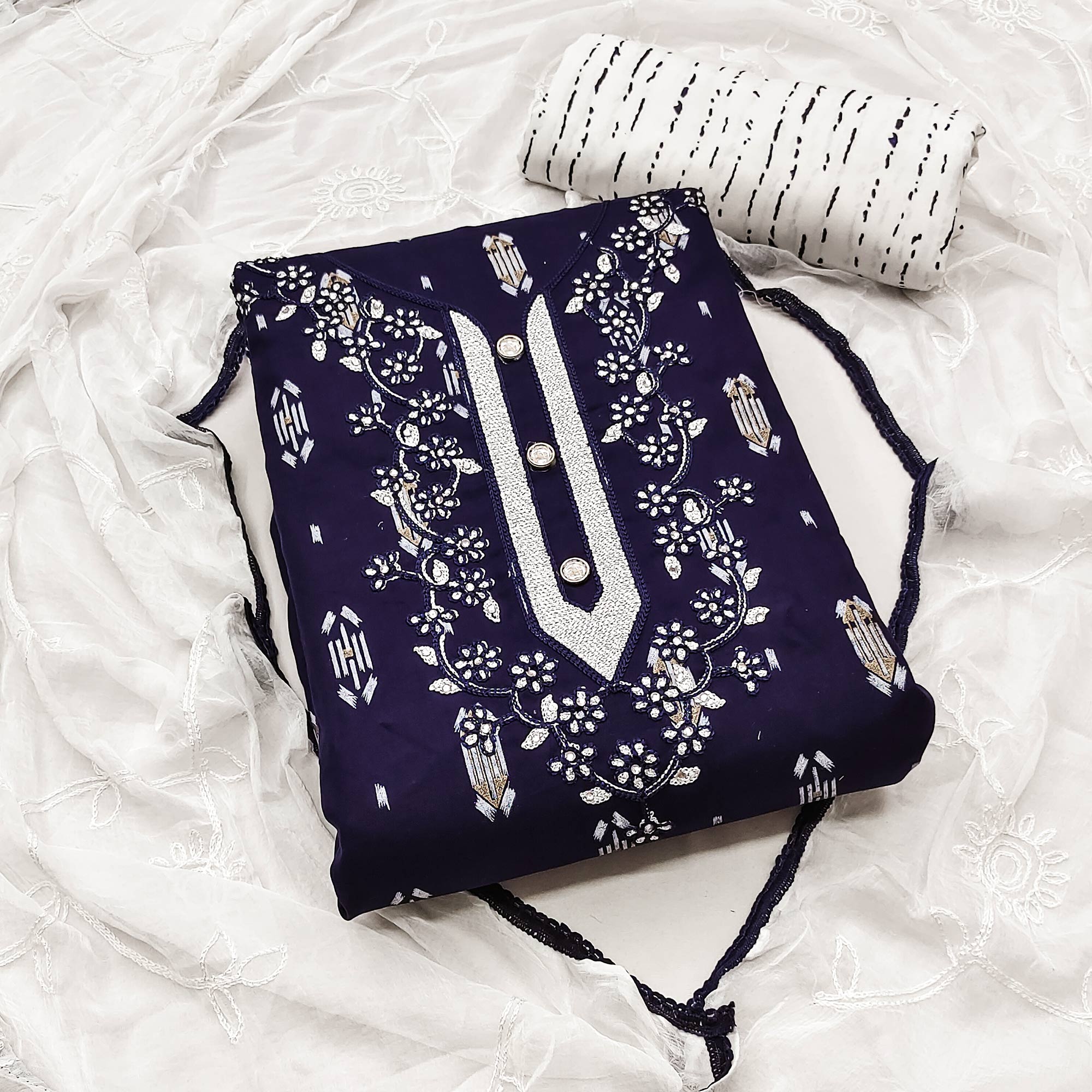Navy Blue Printed With Embroidered Rayon Dress Material