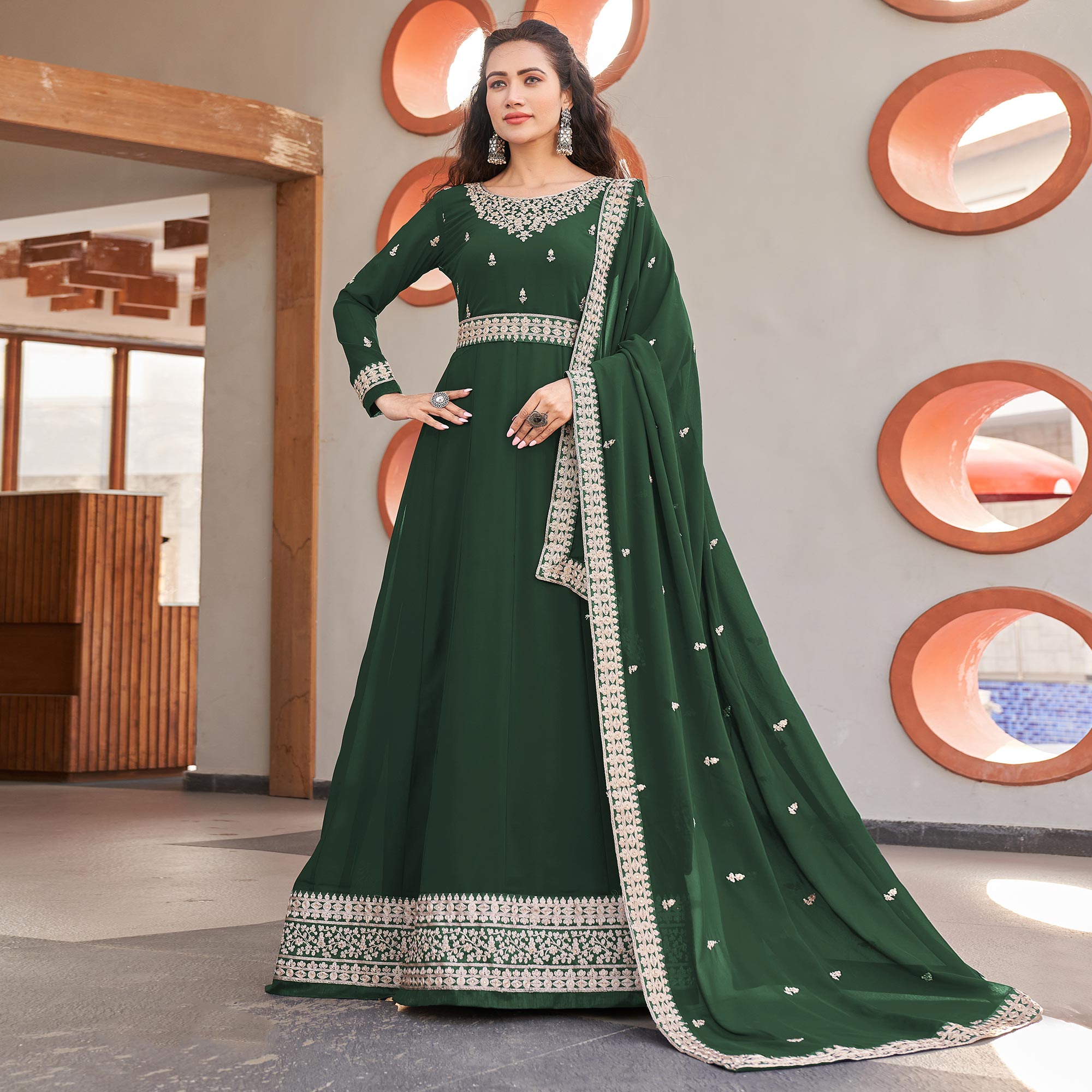 Green Sequins Embroidered Georgette Anarkali Suit