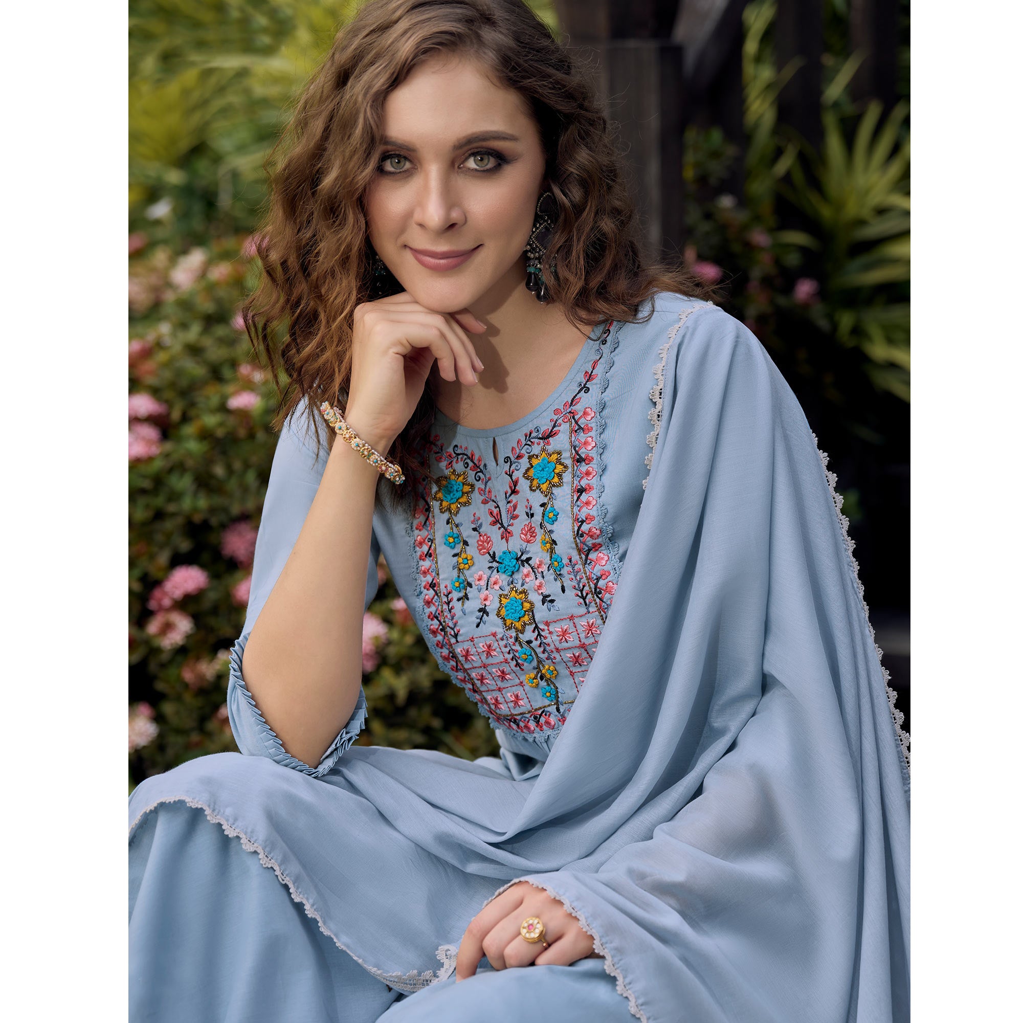 Blue Embroidered Pure Cotton Suit