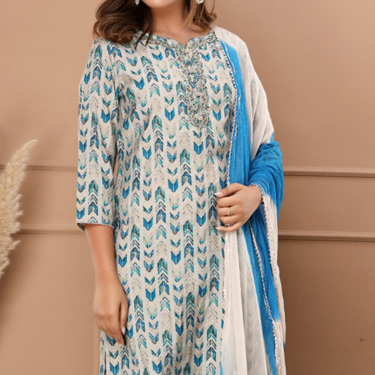White-Blue Printed Muslin Salwar Suit